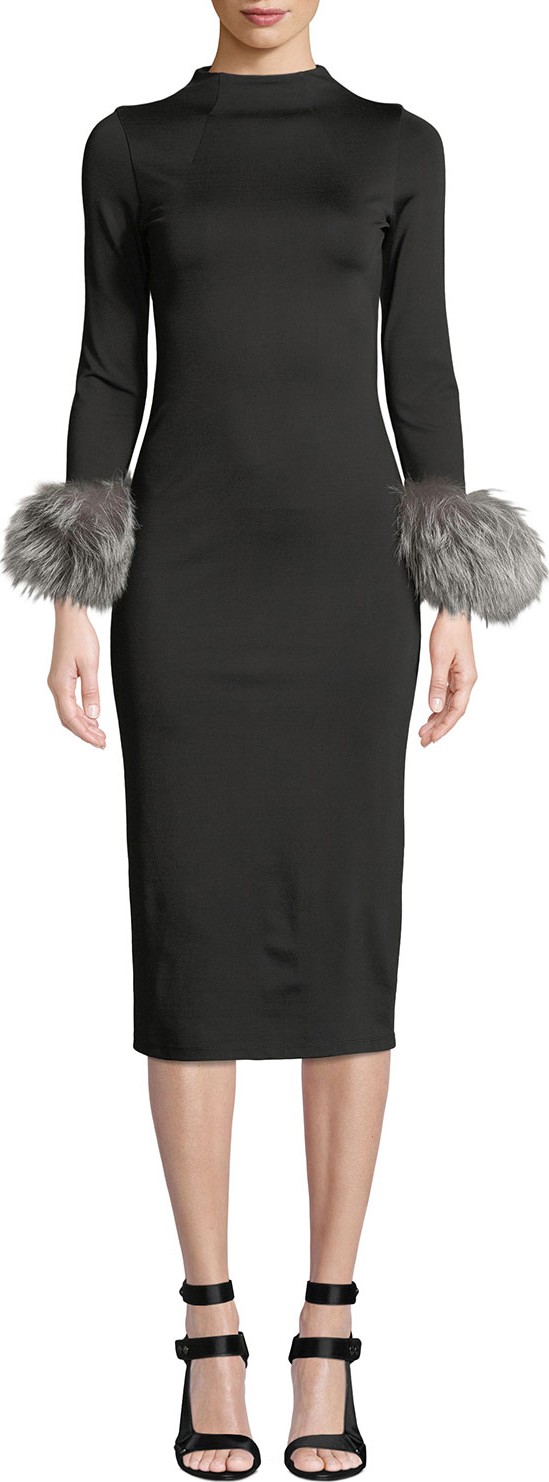 Alice + Olivia Delora Fur-Cuff Fitted Mock-Neck Dress