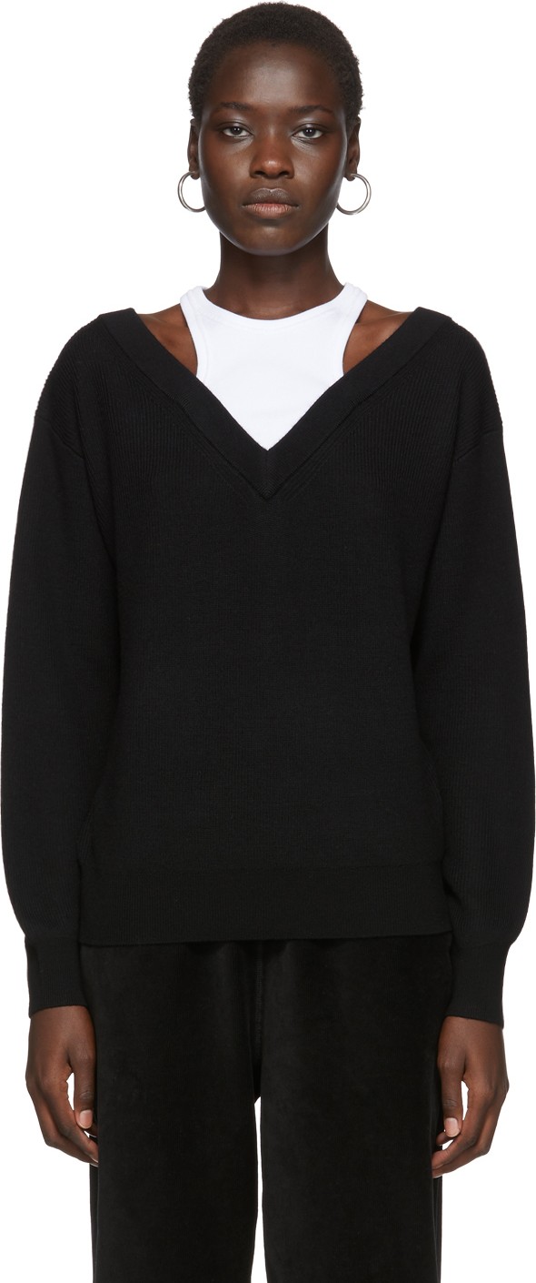 Alexanderwang.T Black Cropped Bi-Layer V-Neck Sweater