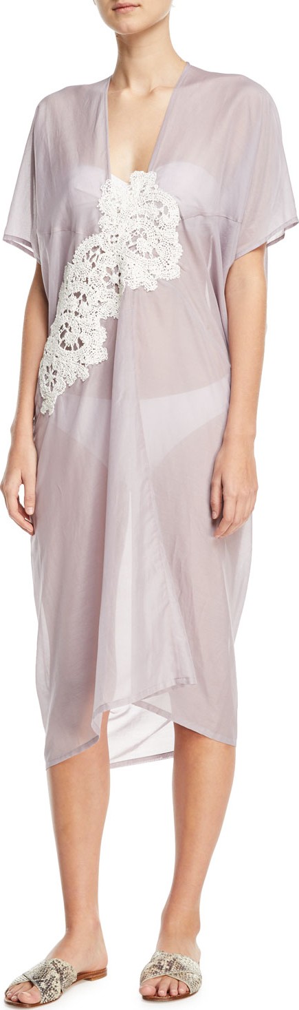 LILA.EUGENIE Short-Sleeve Voile Kaftan w/ Crochet Lace, One Size