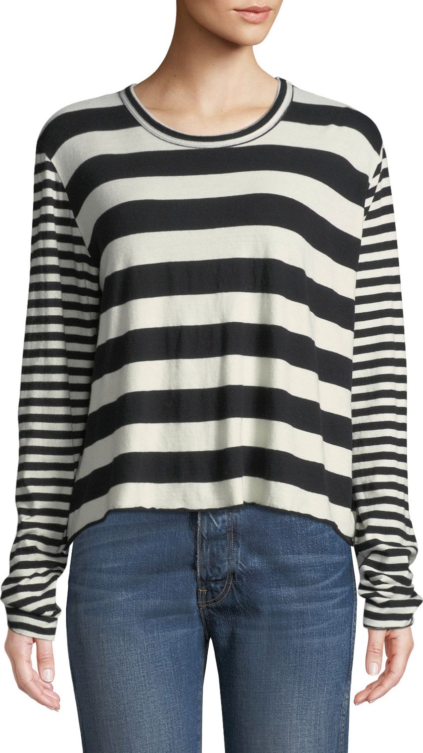 THE GREAT. Striped Long-Sleeve Cropped Tee