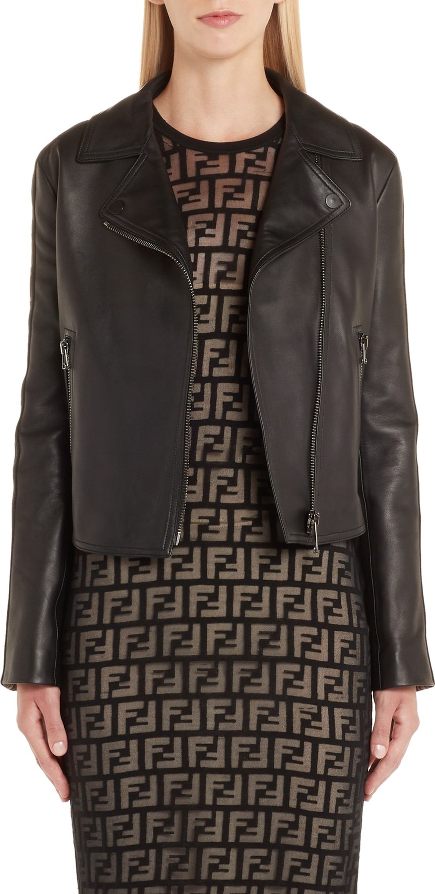 Fendi Logo Trim Leather Jacket