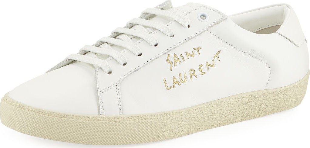 Saint Laurent Men's Court Classic Logo-Stitching Leather Low-Top Sneakers