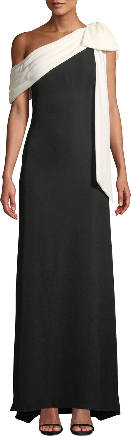Tadashi Shoji Cassia Colorblock Bow-Shoulder Crepe Gown