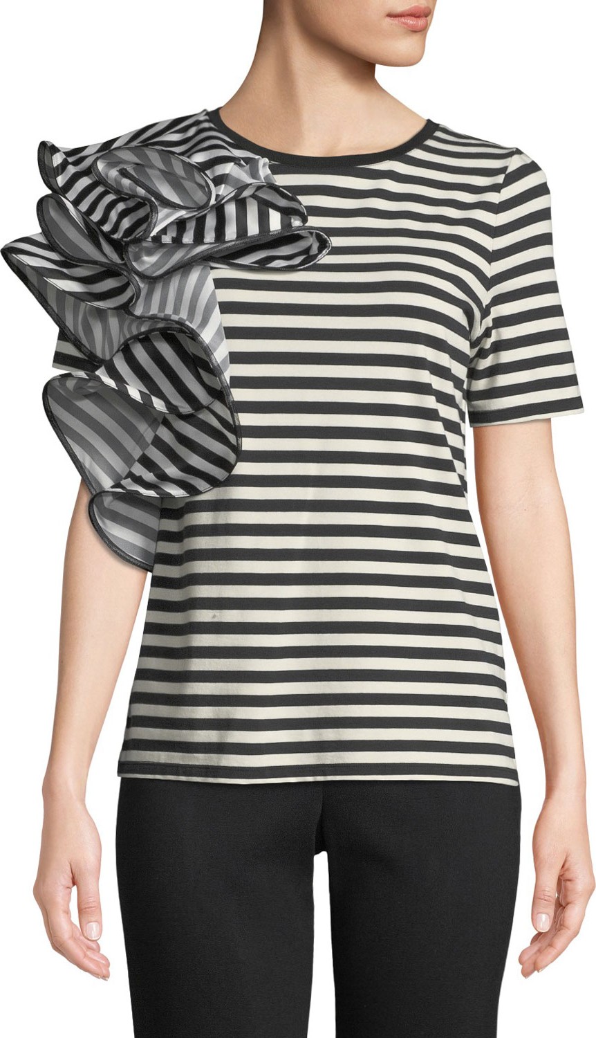 Badgley Mischka Striped Ruffle-Trim Short-Sleeve Tee