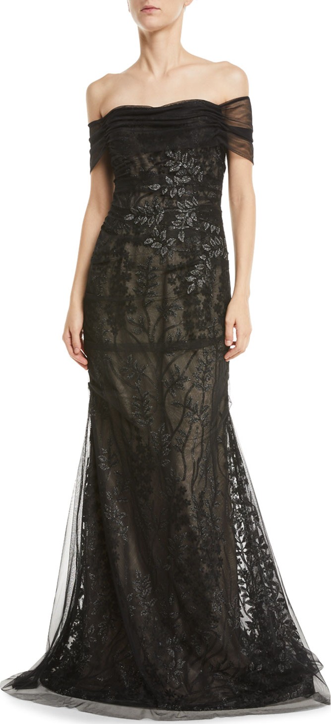 Rickie Freeman for Teri Jon Off-the-Shoulder Embroidered Tulle Gown