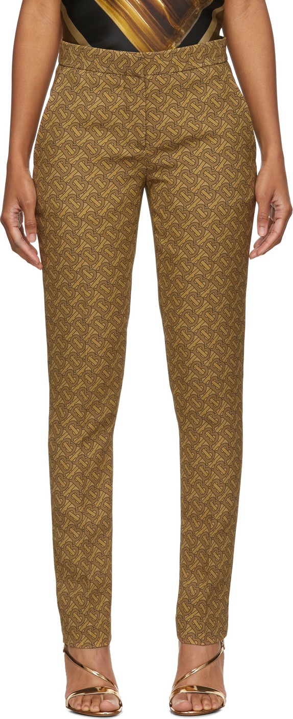Burberry London England Beige Silk Hanover Monogram Print Trousers