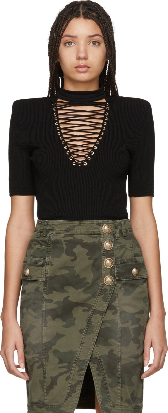 Balmain Black Lace-Up Sweater