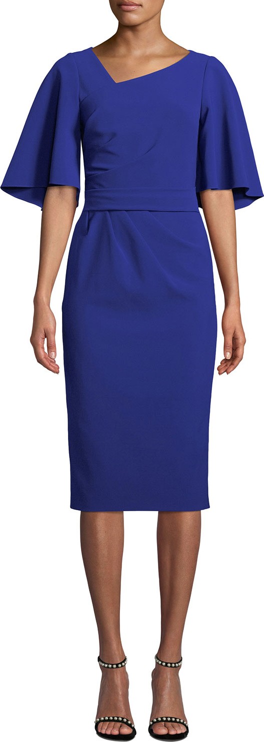 Theia Flutter-Sleeve Knee-Length Asymmetric Sheath Dress