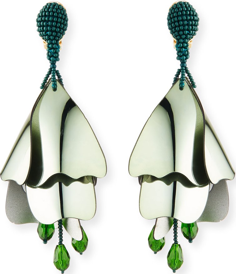 Oscar De La Renta Large Iridescent Impatiens Clip-On Earrings, Green