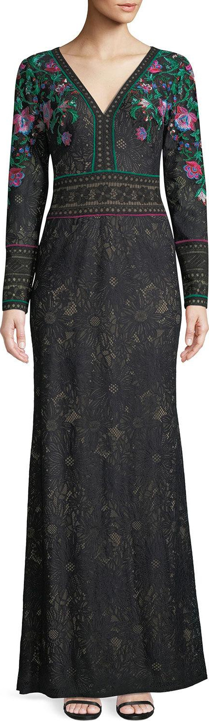 Tadashi Shoji Floral Embroidered Lace Long-Sleeve Gown