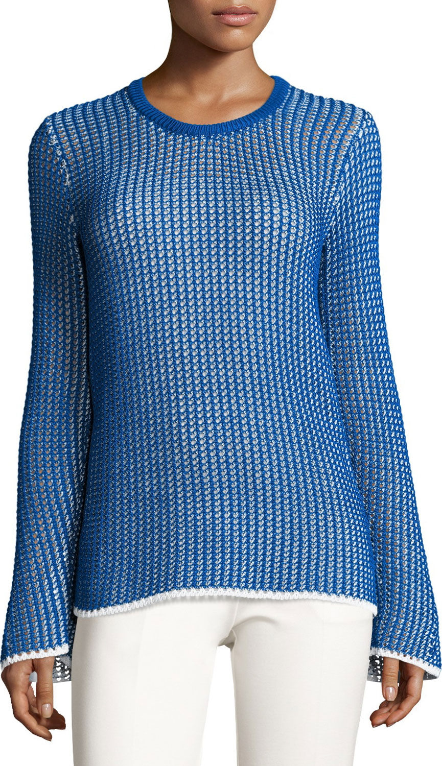 Derek Lam Mesh Long-Sleeve Crewneck Sweater, Blue/White