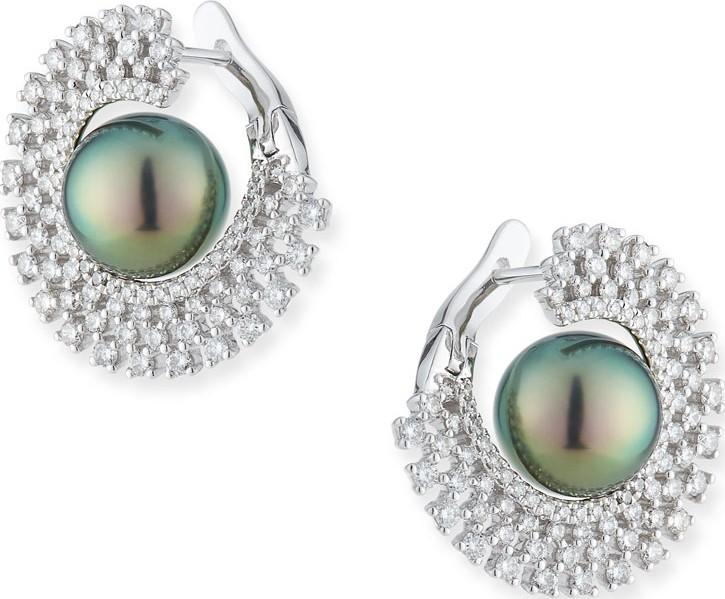 Belpearl 18k White Gold 10mm Tahitian Pearl & Diamond Hoop Earrings