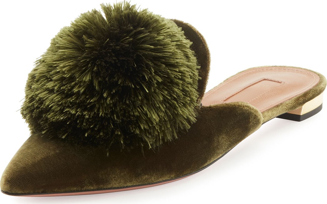 Aquazzura Powder Puff Pompom Mule Flat, Moss Green