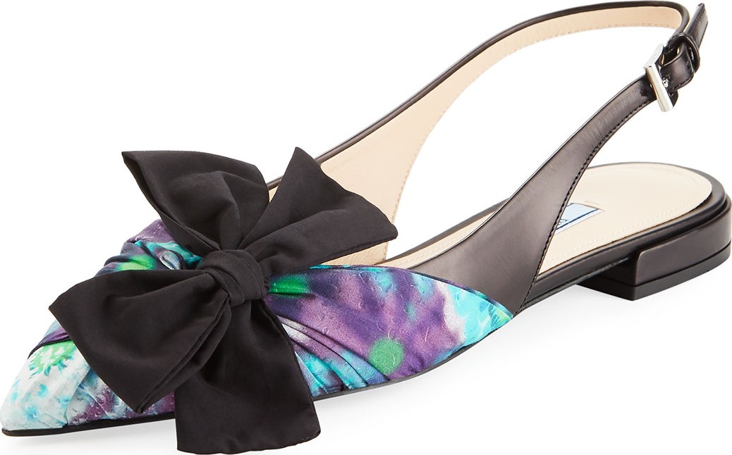 Prada Printed Satin Slingback Flats with Bow