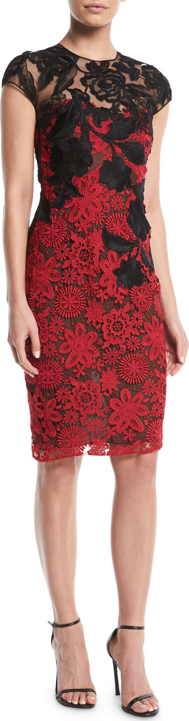 Naeem Khan Cap-Sleeve Floral-Lace Cocktail Dress w/ Contrast Neckline