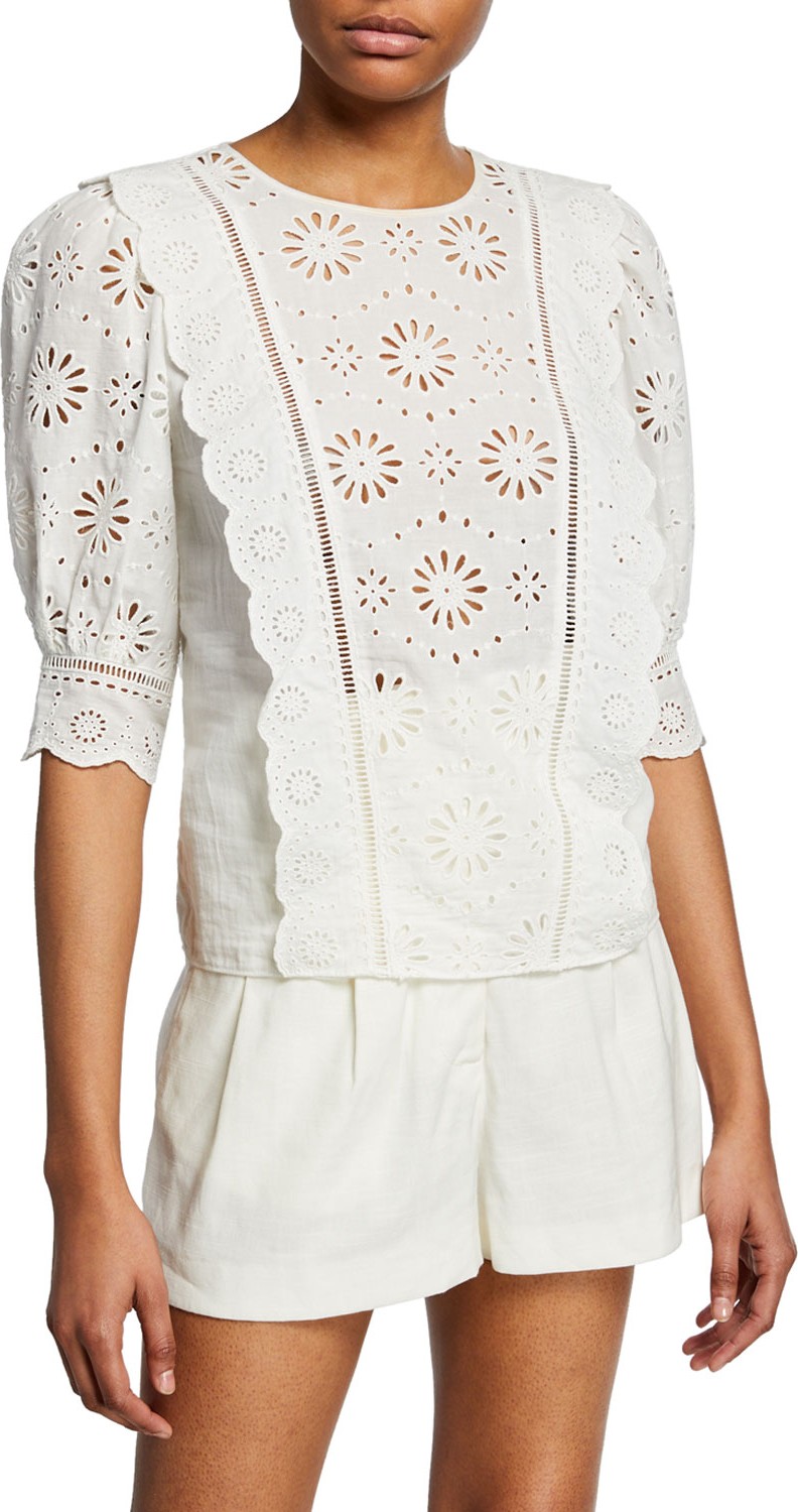 Veronica Beard Gale Floral Eyelet 3/4-Sleeve Blouse
