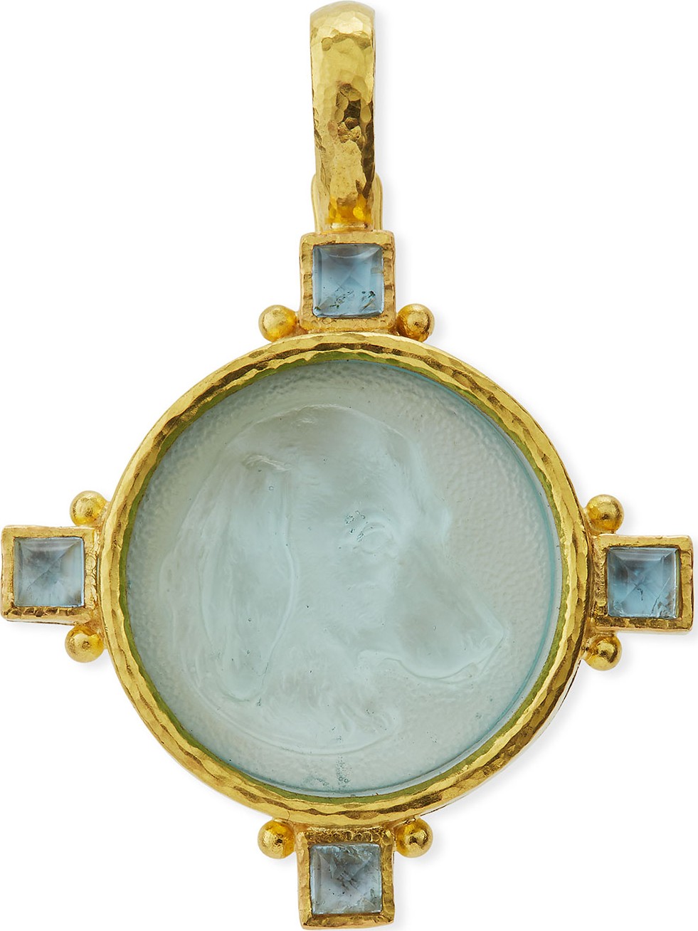 Elizabeth Locke Hound Head Antique 19k Gold Intaglio Pendant, Light Aqua