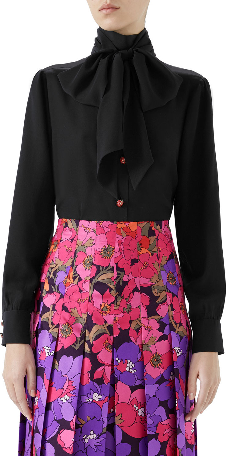 Gucci Long-Sleeve Neck-Bow Silk Crepe de Chine Blouse w/ Ladybug Buttons