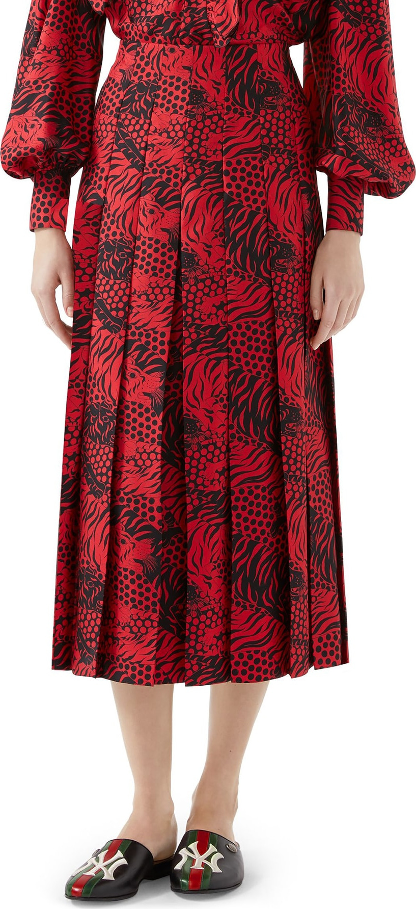 Gucci Tiger Print Pleated Silk Skirt