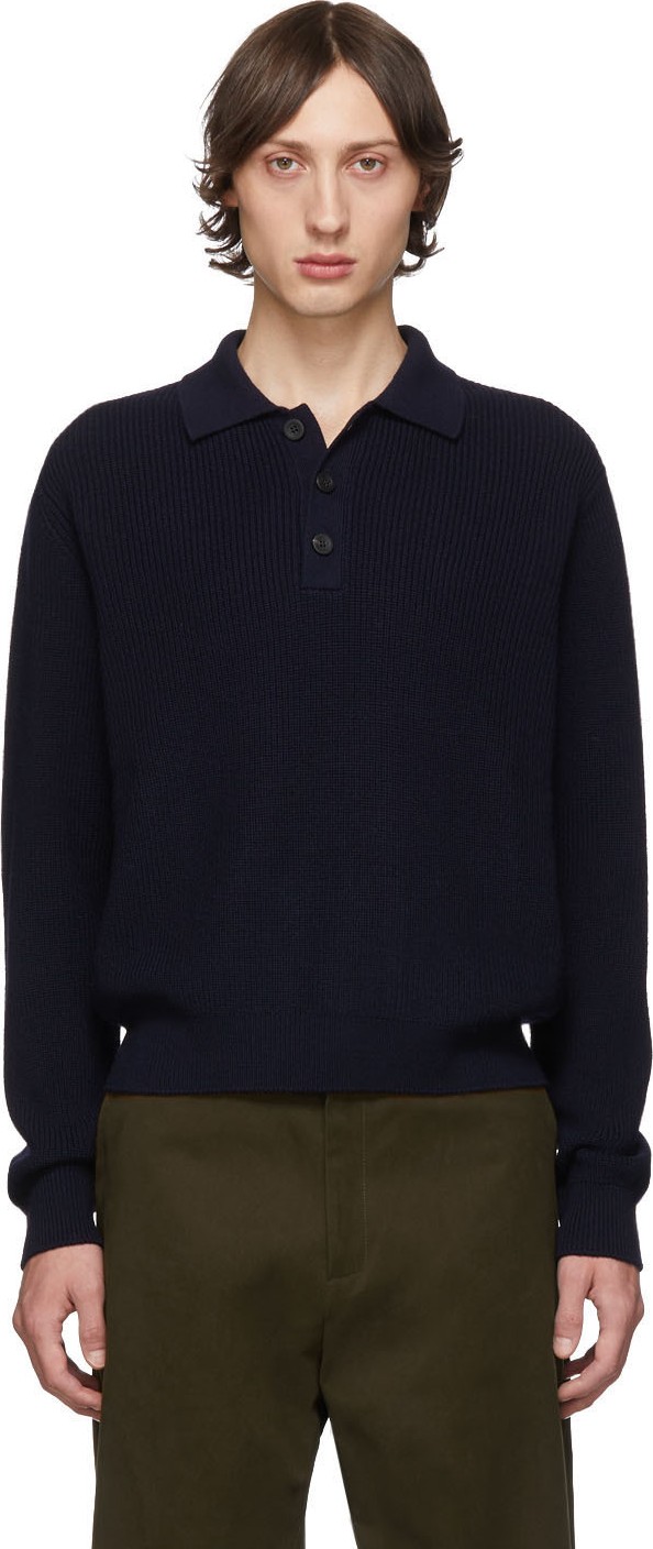 Studio Nicholson Navy Double Faced Wool Polo