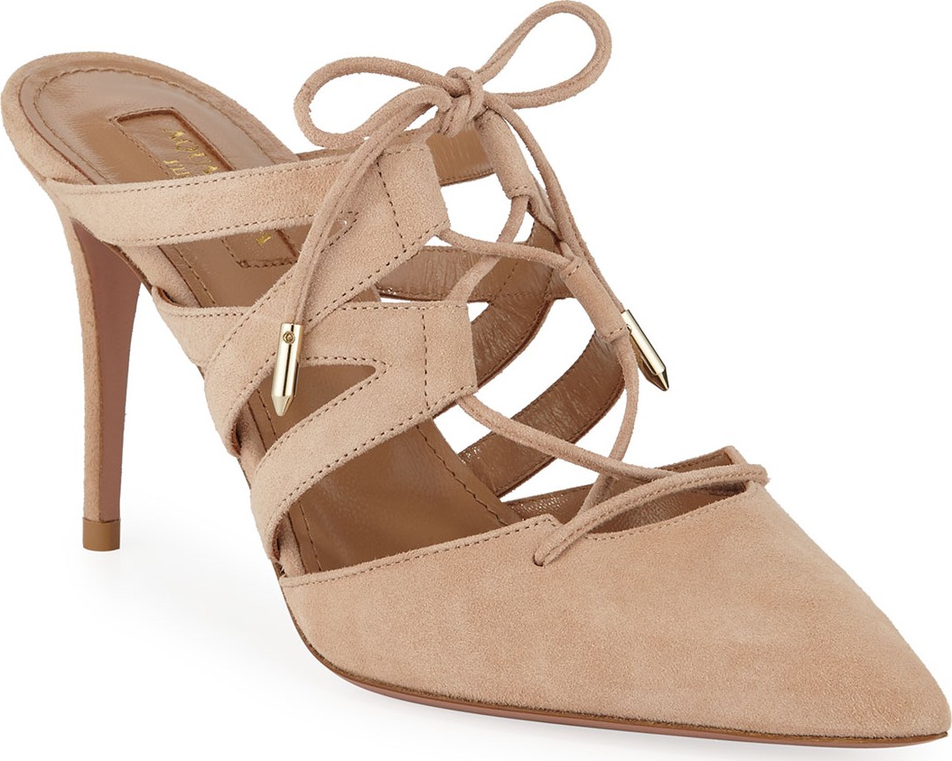 Aquazzura Belgravia Mid-Heel Suede Lace-Up Mules