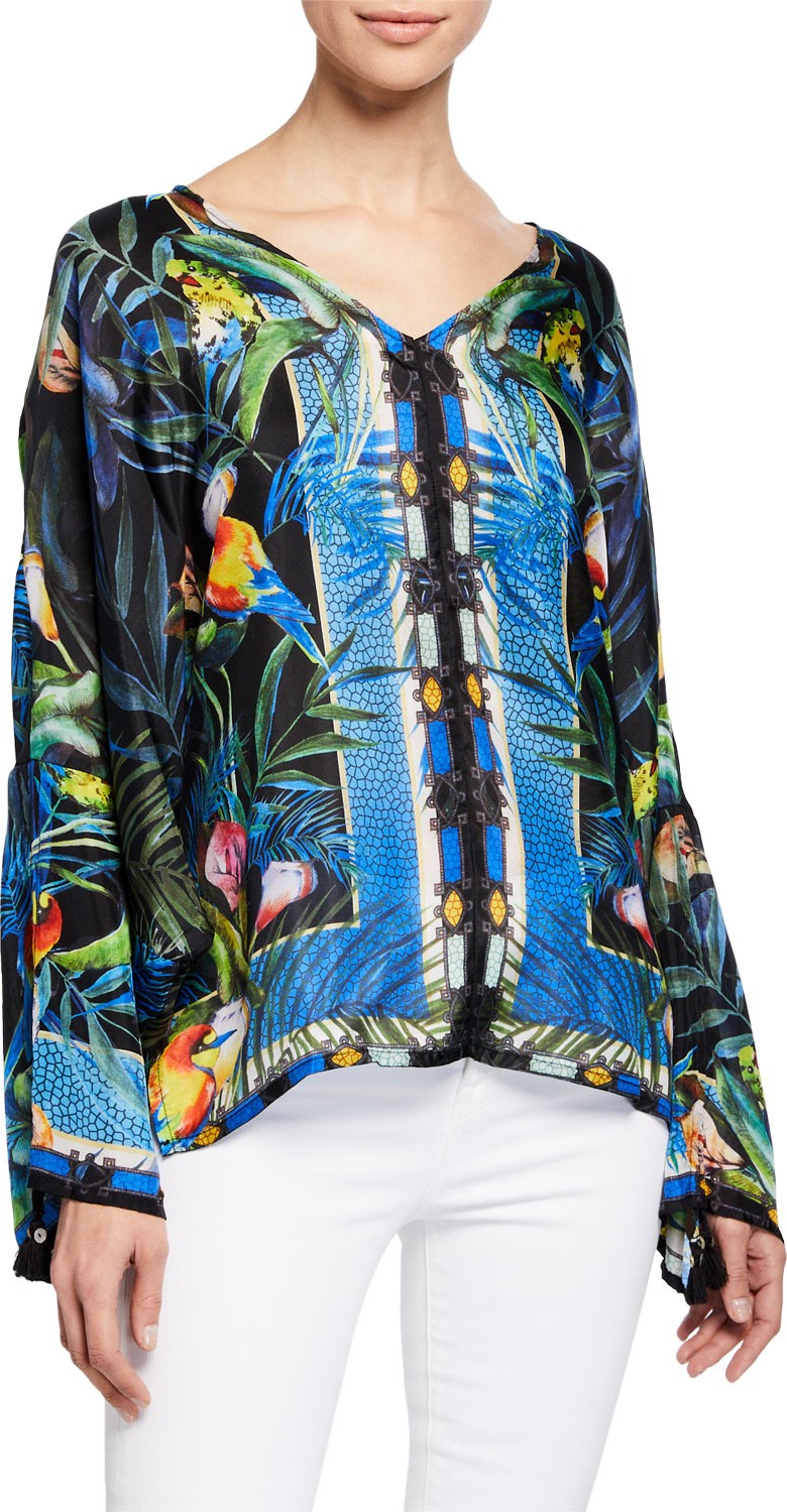 Johnny Was Jungle V-Neck Dolman-Sleeve Printed Georgette Blouse
