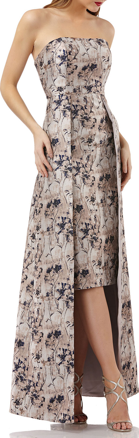 Kay Unger Metallic Jacquard Gown w/ Floral Overlay