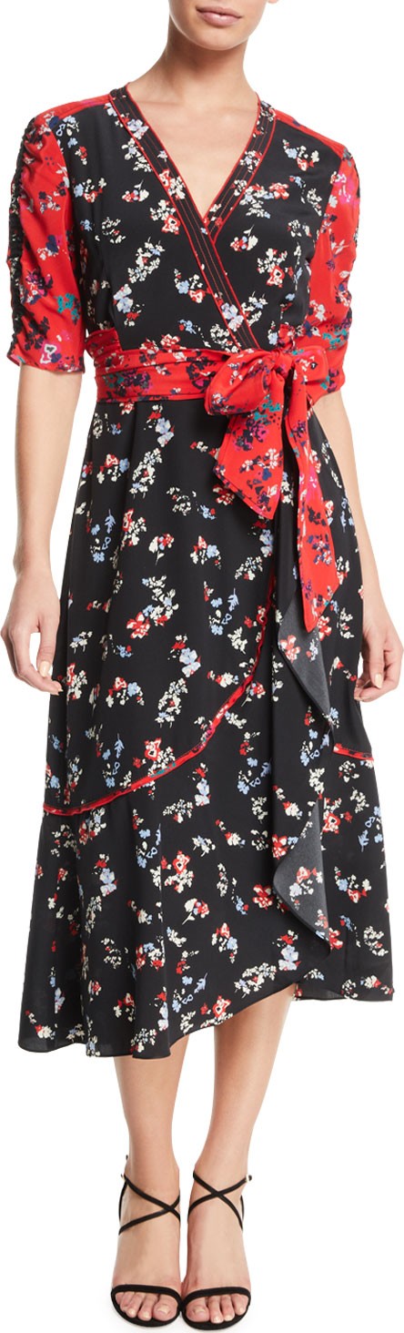 Tanya Taylor Blaire Floral-Print Silk Short-Sleeve Wrap Dress