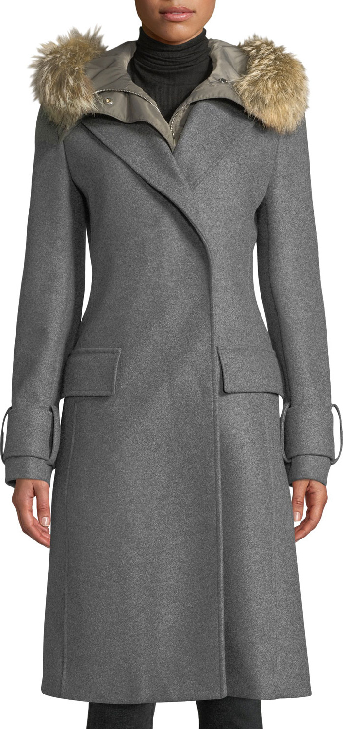 Belstaff Firdale Long Wool Coat w/ Fur-Trim Hood
