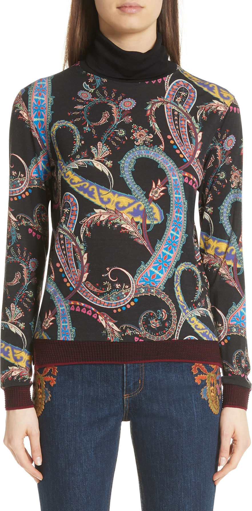 Etro Paisley & Heart Wool Blend Turtleneck Sweater