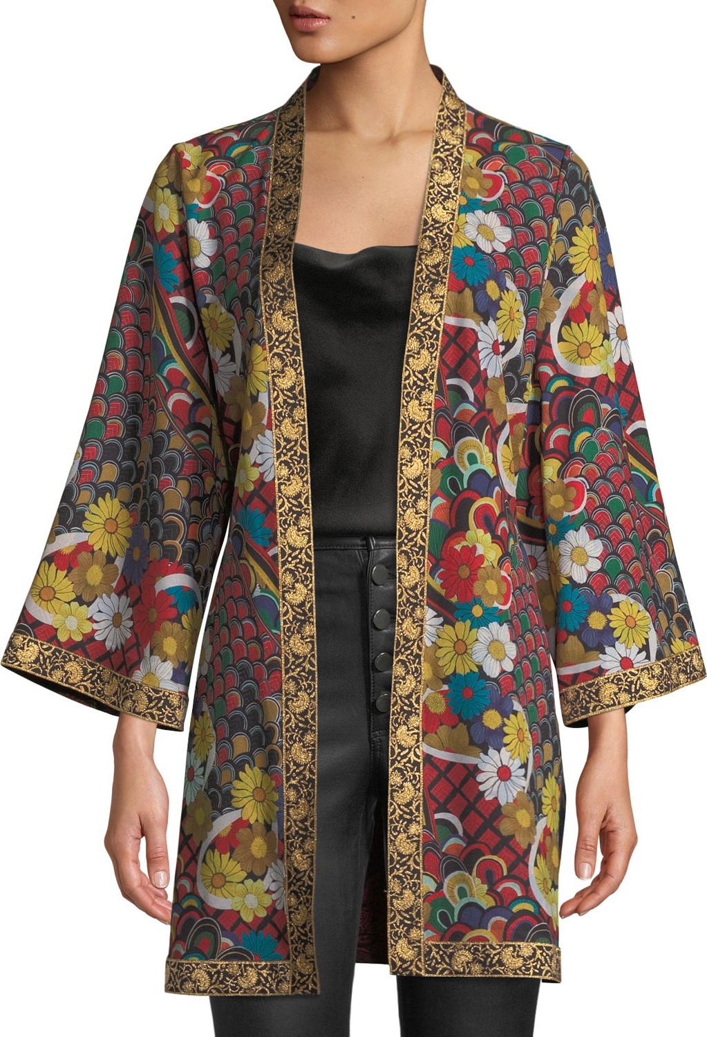 Alice + Olivia Lynn Short Side-Slit Kimono with Belt