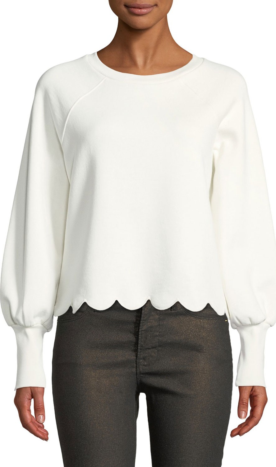 FRAME DENIM Scalloped Bishop-Sleeve Crewneck Top