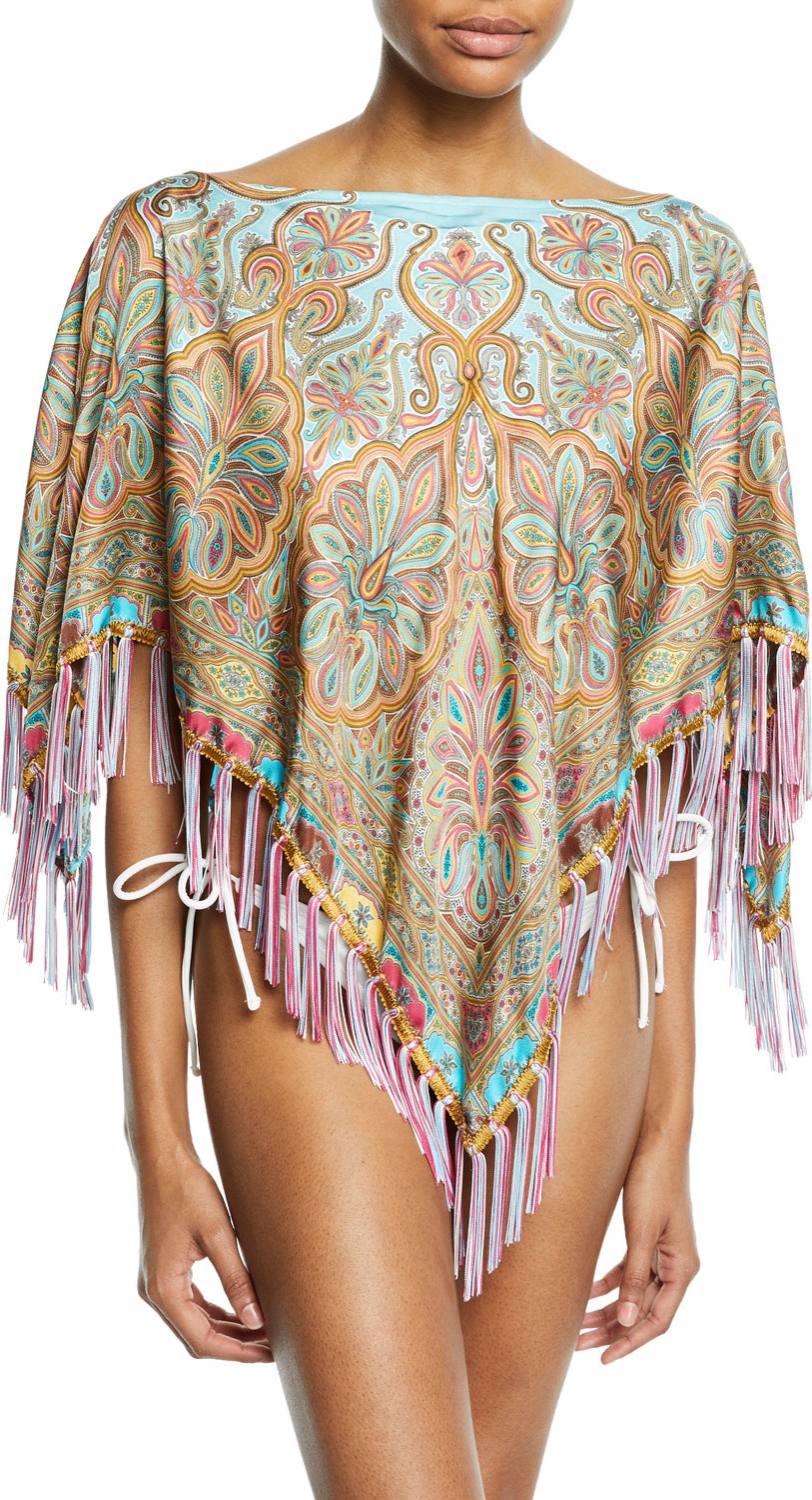 Etro Silk Boat-Neck Printed Fringe Poncho