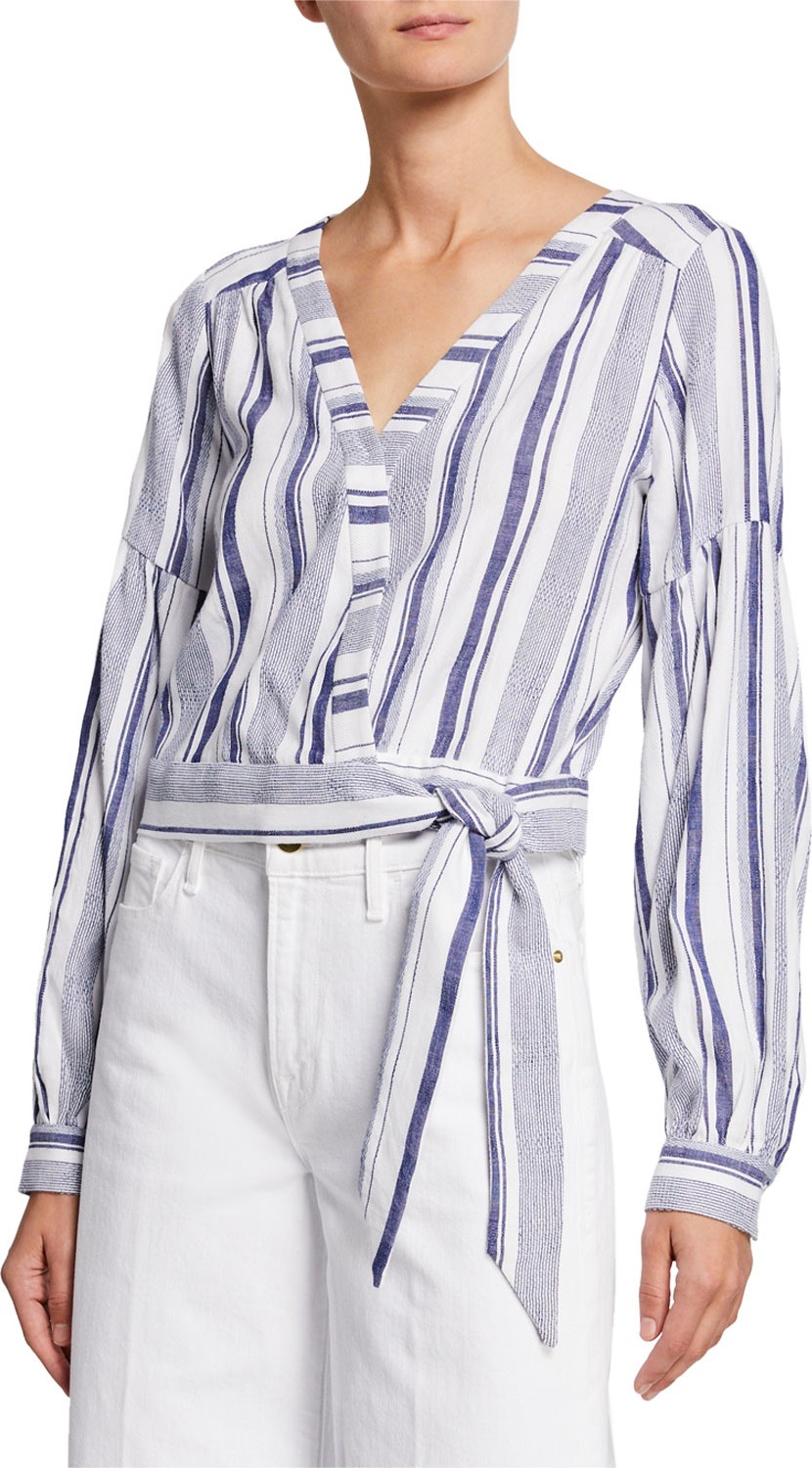 Parker Saskia Striped Long-Sleeve Blouse w/ Tie-Hem