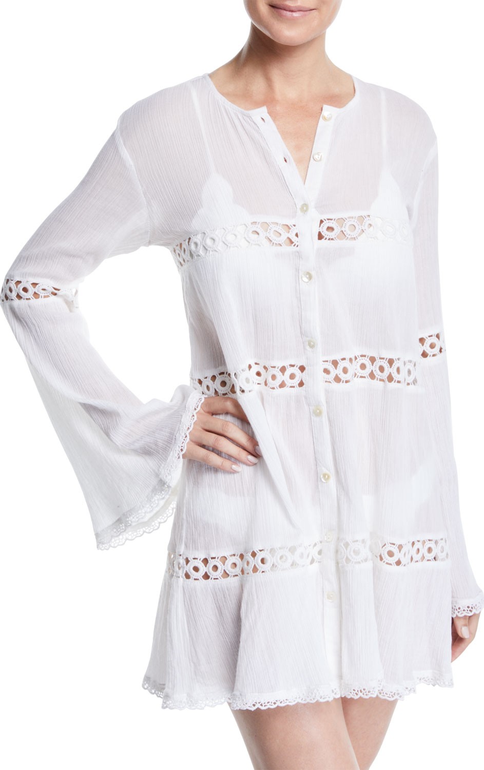 PilyQ Willow Button-Front Long-Sleeve Coverup Tunic