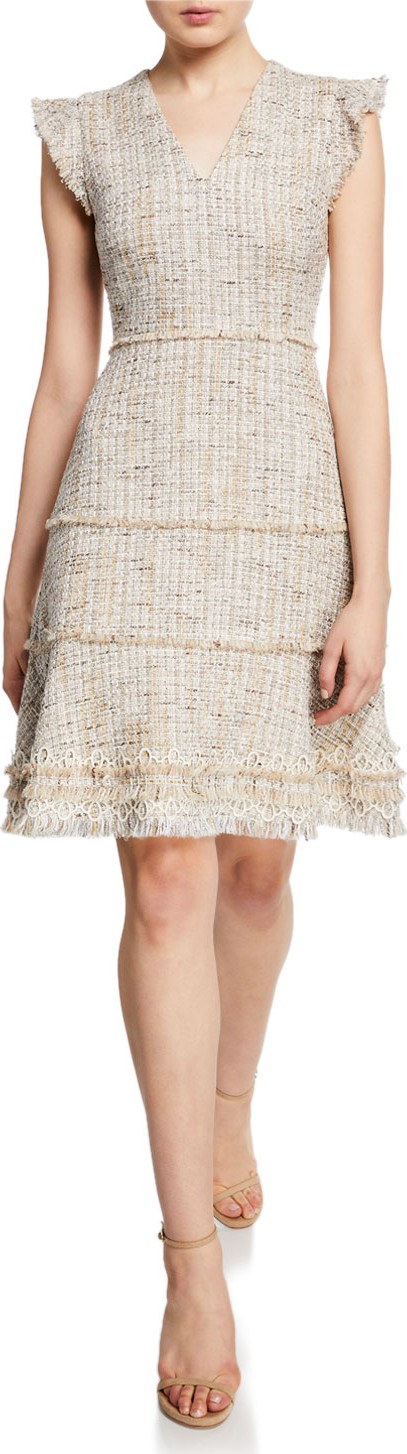 Elie Tahari Loraine V-Neck Short-Sleeve Tweed Dress