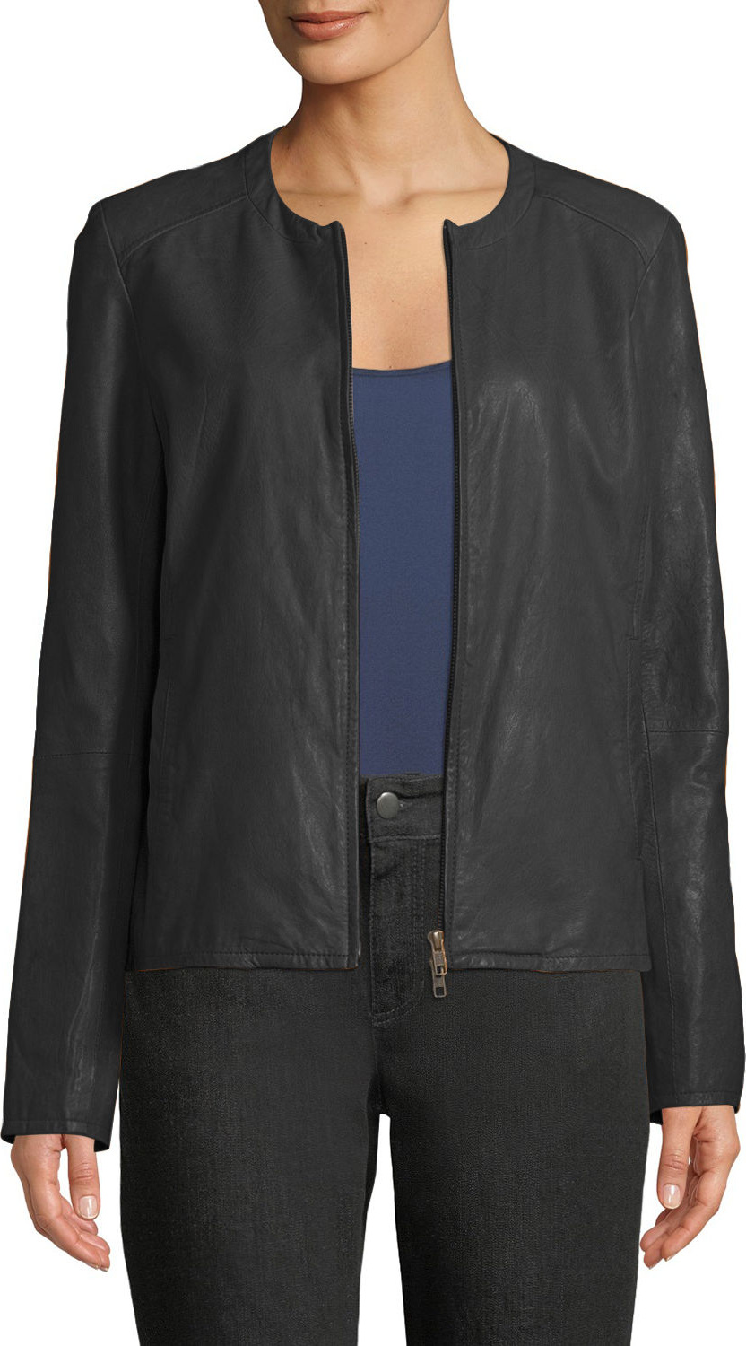 Eileen Fisher Drapey Zip-Front Shaped Leather Jacket