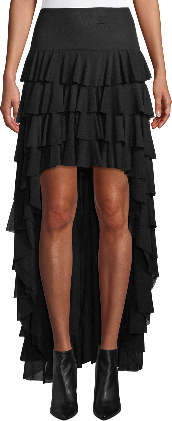 Norma Kamali Ruffle High-Low Mesh Skirt