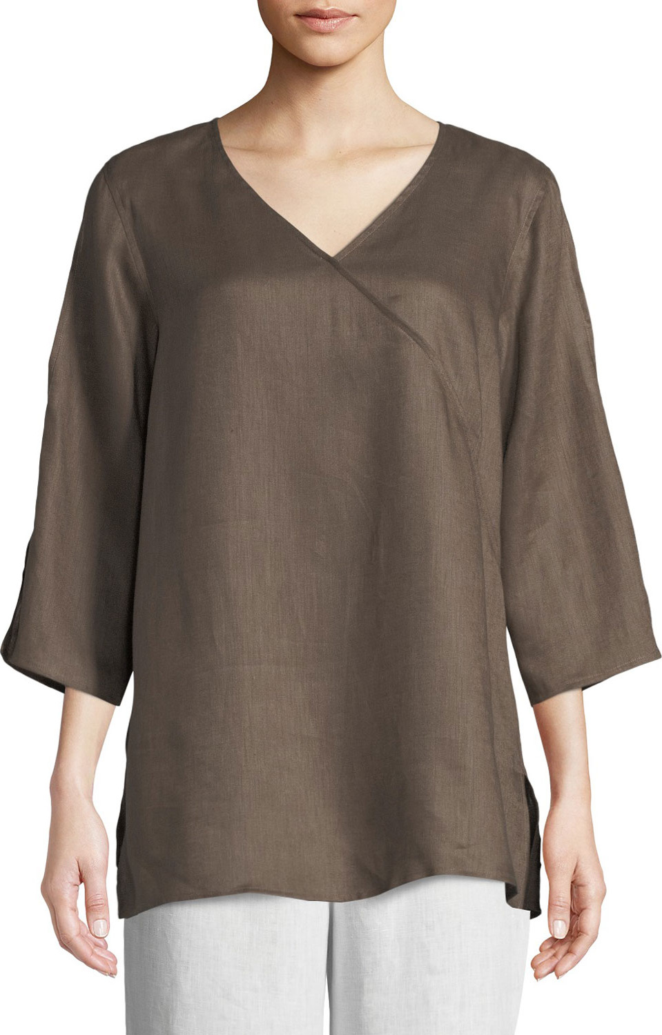 Caroline Rose Tissue Linen V-Neck Havana Top