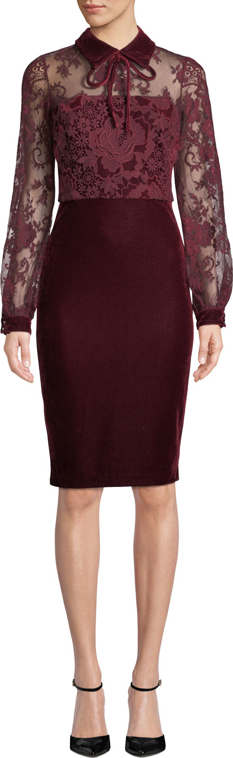 Badgley Mischka Sheer Long-Sleeve & Velvet Dress