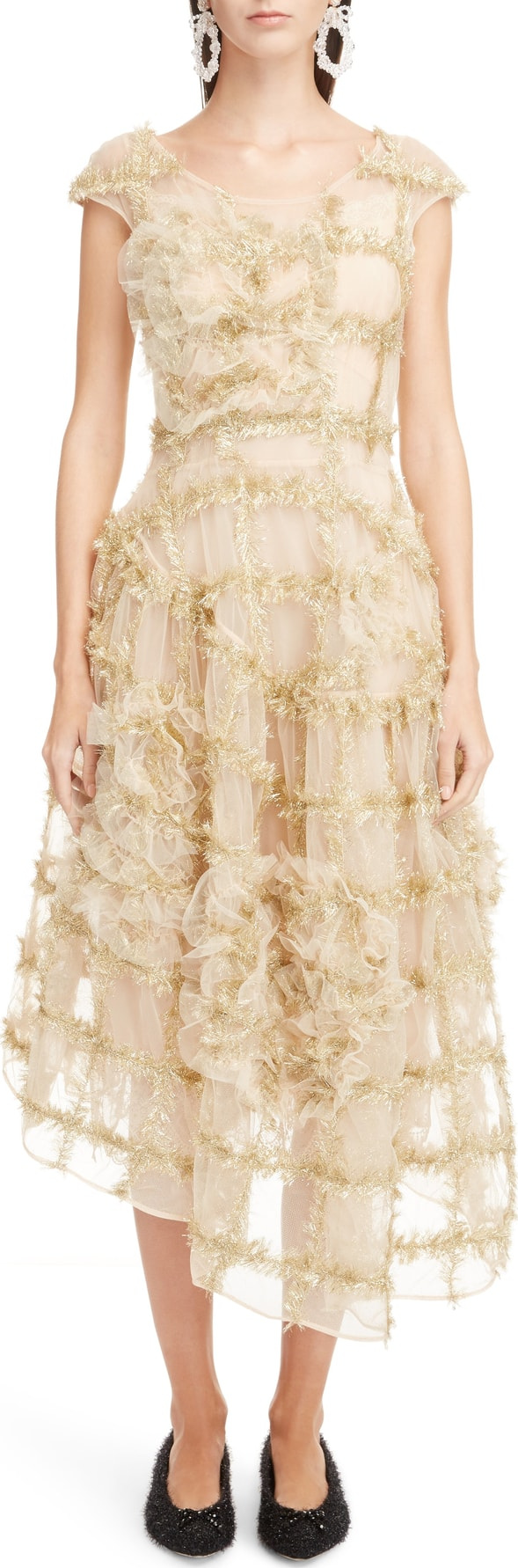 Simone Rocha Ruched Flower Tinsel Check Tulle Dress
