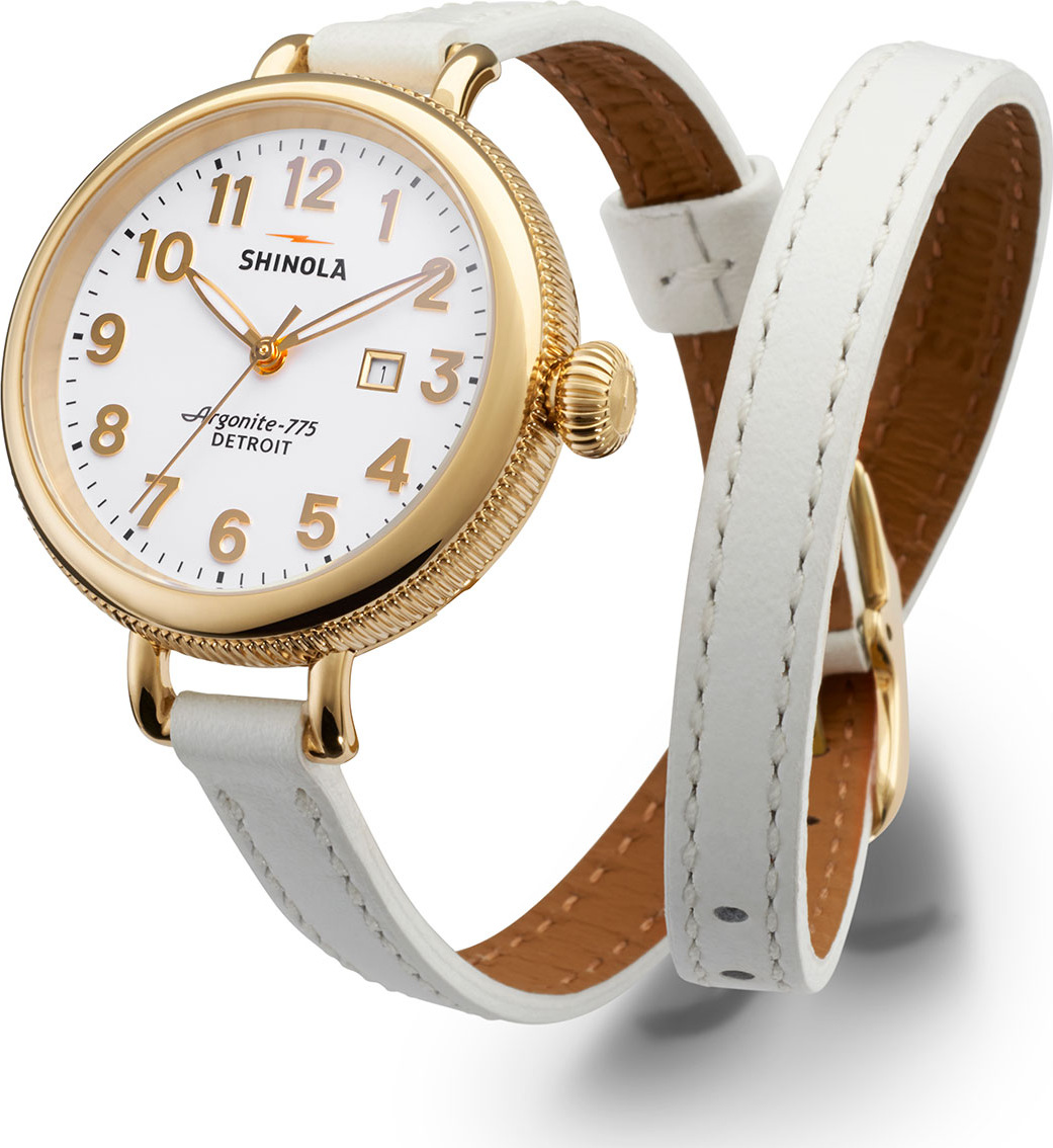 Shinola 34mm Birdy Golden Double-Wrap Watch, White