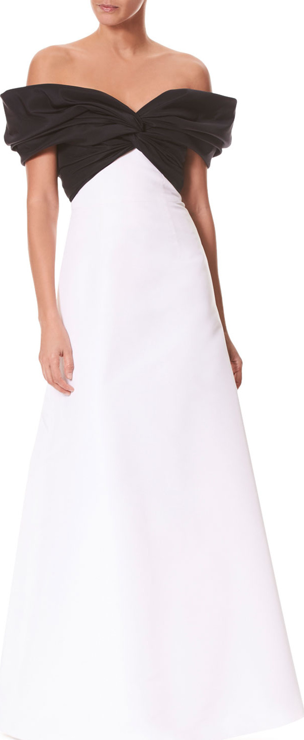 Carolina Herrera Off-the-Shoulder Twist-Front Colorblocked Evening Gown