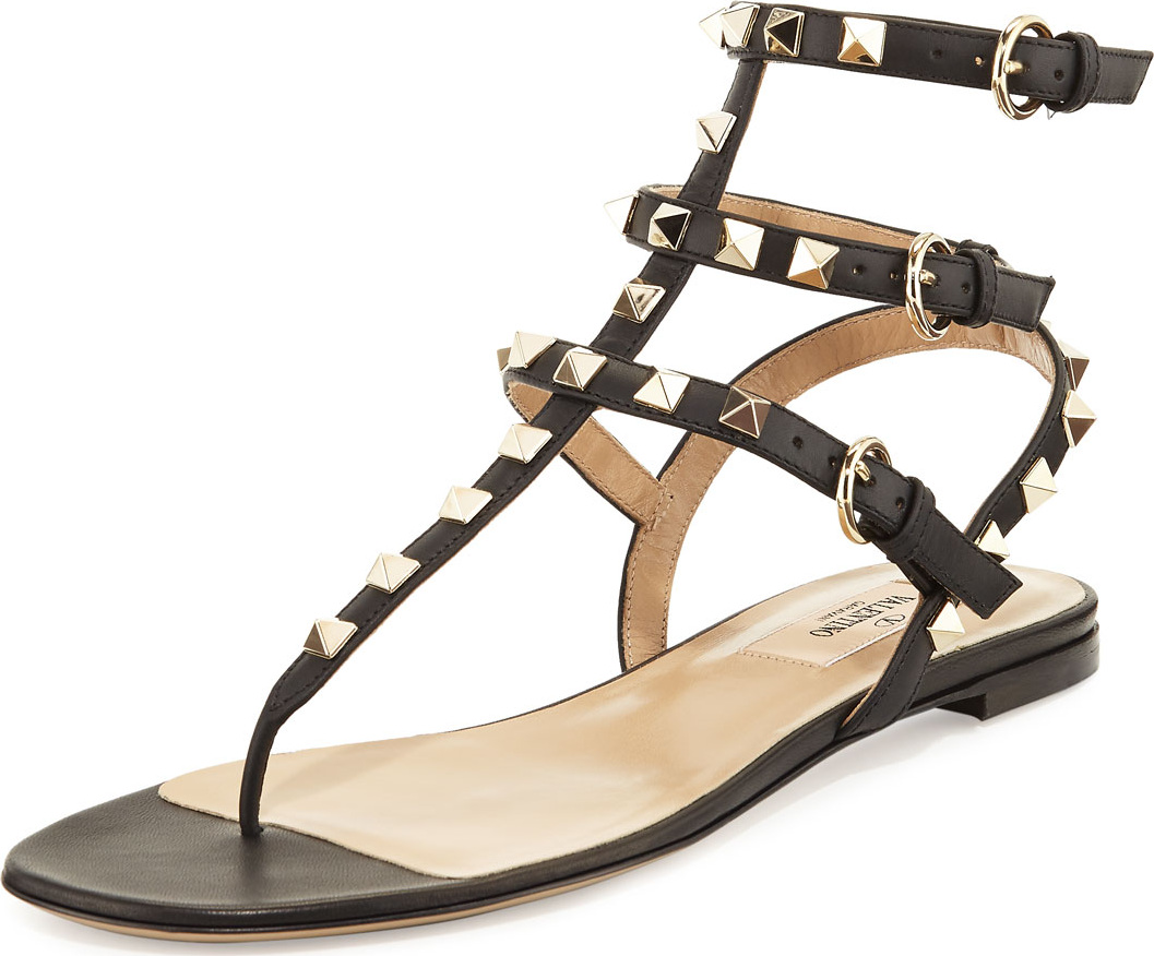 Valentino Rockstud Flat Thong Sandals, Black