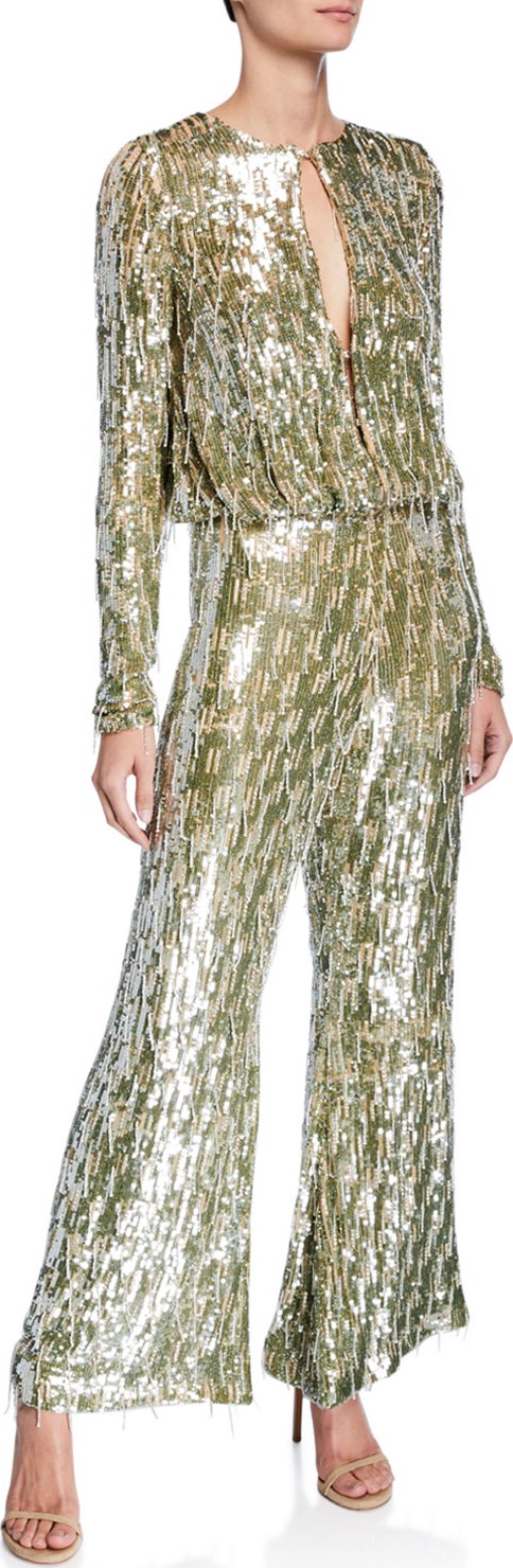 Alexis Trinity Sequin Long-Sleeve Wide-Leg Jumpsuit w/ Beaded Fringe