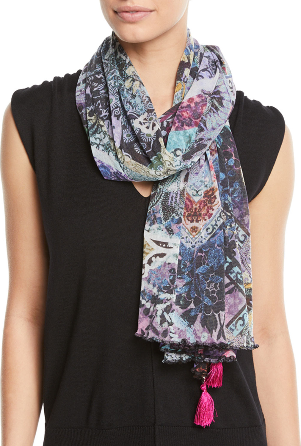 Fuzzi Tasseled Floral-Print Tulle Scarf