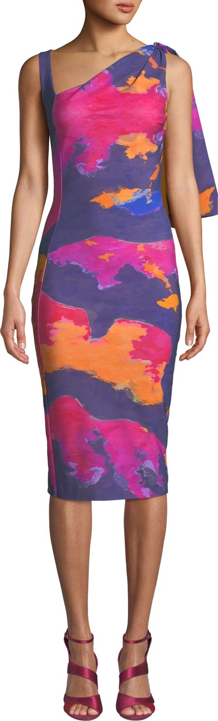 La Petite Robe di Chiara Boni Fizzah Sleeveless Asymmetric Batik-Print Body-Con Dress w/ Draped Shoulder