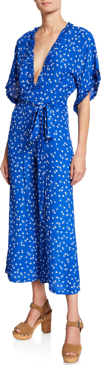 FAITHFULL La Villa V-Neck Short-Sleeve Floral-Print Jumpsuit w/ Self-Tie Belt