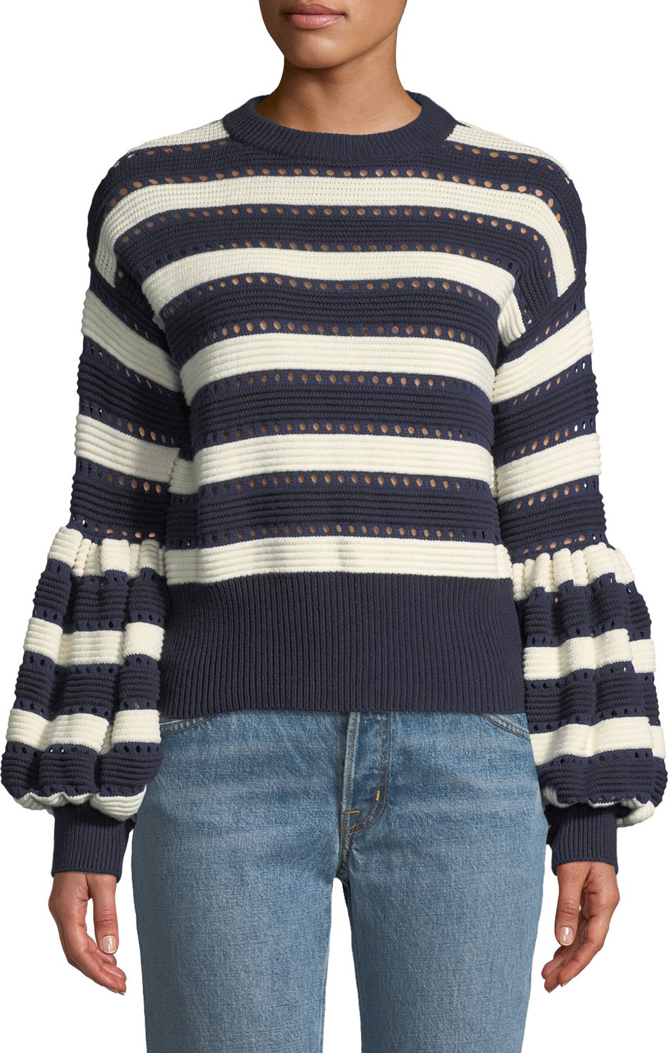 Self Portrait Striped Balloon-Sleeve Cropped Sweater