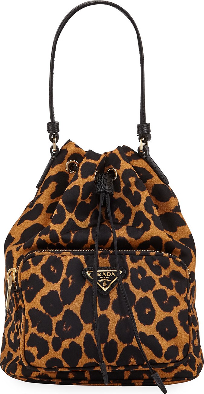 Prada Leopard-Print Drawstring Bucket Bag